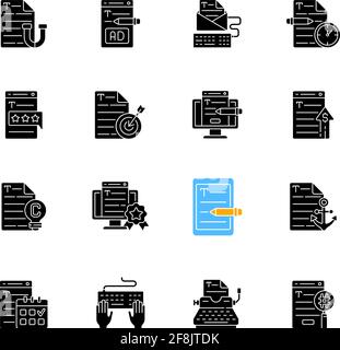 Copywriting black glyph icons set on white space Stock Vector