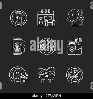 Insomnia reasons chalk white icons set on black background Stock Vector