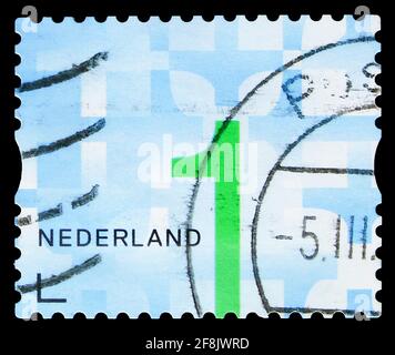 MOSCOW, RUSSIA - OCTOBER 7, 2019: Postage stamp printed in Netherlands shows Numeral, Business Stamps serie, circa 2014