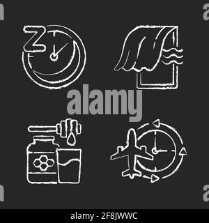 Recommendations to improve sleep chalk white icons set on black background Stock Vector