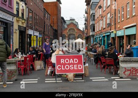 Pavement dining after easing of lockdown restrictions in England, Edge Street, Northern Quarter, Manchester, UK Stock Photo