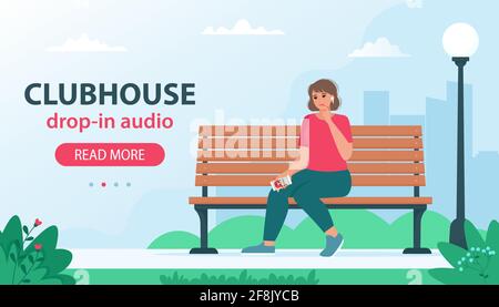 Clubhouse invite-only social network based on audio-chat. Woman sitting on bench and listening podcast with famous speakers Stock Vector