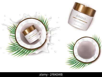 Cosmetic elements realistic vector set. White jar with cream and half of coconut on background of milk splash with drops. Mock up, design template for natural organic cosmetics Stock Vector