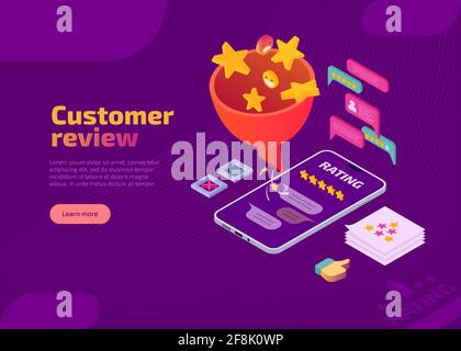 Customer review isometric landing page. Smileys and gold stars falling into funnel and client rating displaying in app on smartphone screen. Clients satisfaction, feedback and best result concept. Stock Vector