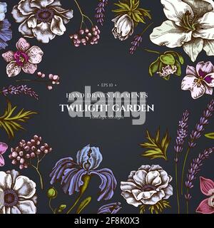 Floral design on dark background with anemone, lavender, rosemary everlasting, phalaenopsis, lily, iris Stock Vector