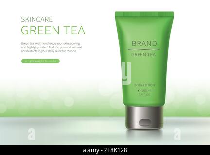 Cosmetic realistic vector background. Green plastic tube with silver lid on light background with bokeh. Natural cream or lotion formula for healthy skin. Mock up for organic products with green tea. Stock Vector