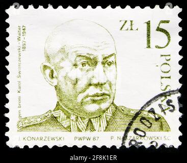 MOSCOW, RUSSIA - OCTOBER 7, 2019: Postage stamp printed in Poland shows General Karol Swierczewski-Walter (1897-1947), circa 1987 Stock Photo