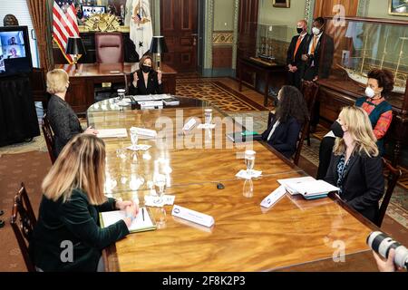 Washington, DC. 14th Apr, 2021. US Vice President Kamala Harris speaks during a virtual meeting about the migration crisis, in the Vice President's Ceremonial Office in the Eisenhower Executive Office Building on the White House campus, about the migration crisis on April 14, 2021, in Washington, DC. Credit: Oliver Contreras/Pool via CNP | usage worldwide Credit: dpa/Alamy Live News Stock Photo