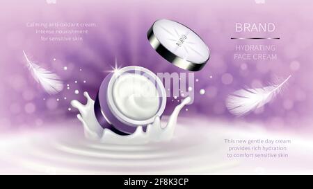 Cosmetics face cream jar and tube on water splash background mockup banner.  Beauty product pearl blue