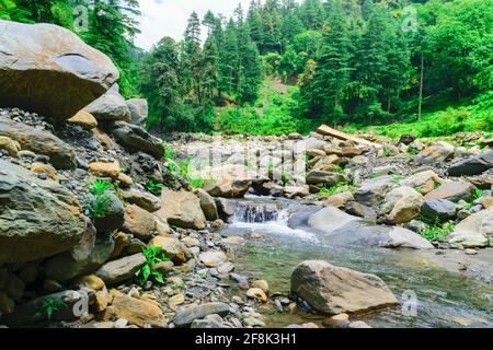 View enroute to Prashar Lake trekk trail through small waterfall rivulet. It is located at a height of 2730 m above sea level surrounded by lesser him Stock Photo