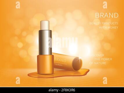 Cosmetic realistic vector lip balm ad background. Yellow hygienic lipstick with honey drips, organic cosmetics, natural spa formula with propolis for skincare. Mock up for magazine or catalog Stock Vector