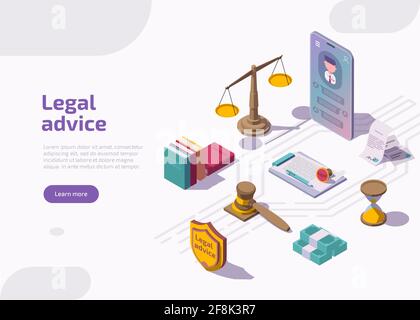 Legal advice isometric landing page. Scales, phone, gavel, hourglass, books, document with stamp. Online lawyer assistance for regulation legal issues, compliance to rules. Advocate attorney service. Stock Vector