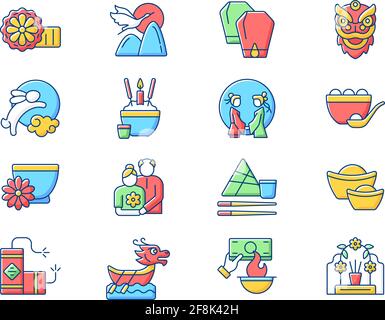 Chinese holidays RGB color icons set Stock Vector
