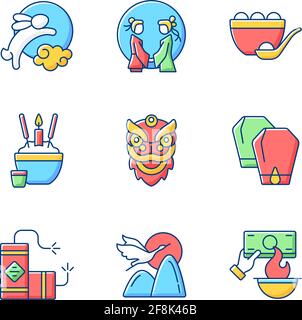 Chinese holidays RGB color icons set Stock Vector