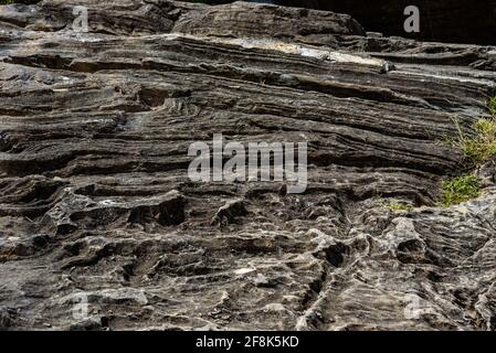 Layered intrusion is sill-like body of mafic igneous rock which exhibits vertical layering in Archean cratons due to convection,thermal diffusion, set Stock Photo