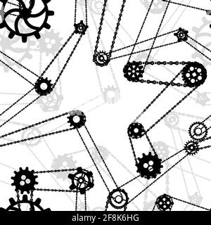 A lot of black different silhouettes of cogwheels connected by bicycle chains, ancient steampunk mechanism seamless pattern on white Stock Vector