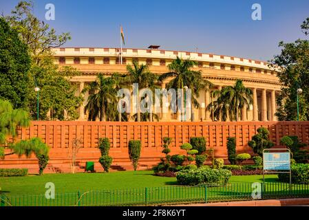 The Sansad Bhawan or Parliament Building is the house of the Parliament of India, New Delhi.  It was designed based on  Ashoka Chakra by the British a Stock Photo