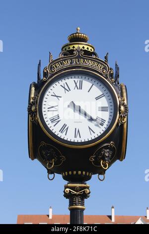 Scotland, Turnberry, Ayrshire, 12 April 2021. Large clock outside Turnberry Club house with the name of Trump on it Stock Photo