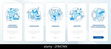 Hepatic disease types onboarding mobile app page screen with concepts Stock Vector