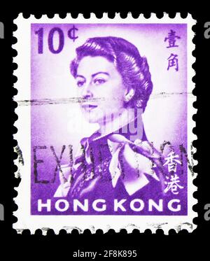 MOSCOW, RUSSIA - OCTOBER 7, 2019: Postage stamp printed in Hong Kong shows Queen Elizabeth II, 1962-1972 serie, 10 - Hong Kong cent, circa 1967