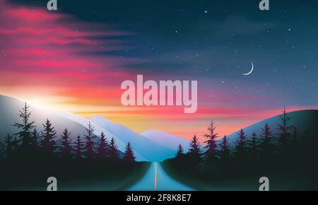 Night road through forest and mountains red and blue night sky and sunset landscape, vector illustration. Stock Vector