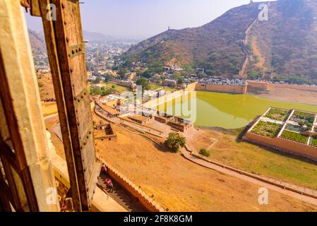 Amber Fort built of Red Sandtsone & Marble in artistic Hindu style elements at Jaipur. Amer Fort is a primary tourist attraction & UNESCO World Herita Stock Photo