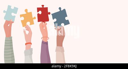 Banner. Autism syndrome concept. Group of raised arms of diverse people holding a jigsaw piece. Learning support and education. Neurological Disease. Stock Vector