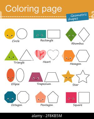 Coloring book of geometric shapes for children. Cartoon flat style. Vector illustration Stock Photo