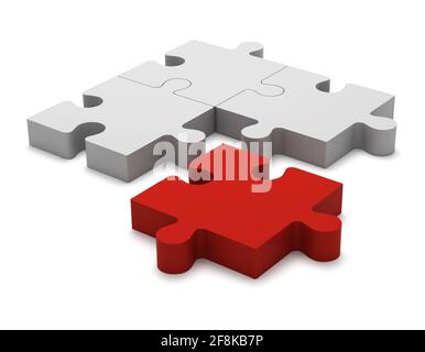 3D color white and red puzzle pieces isolated on white background. Concept renegade, turncoat, outcast. Concept innovations, non-standard, creativity, Stock Photo
