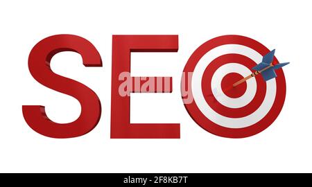 Word SEO with target and arrow, isolated on white background. 3D illustration. Stock Photo