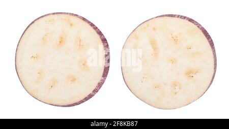 sliced striped eggplant path isolated on white Stock Photo