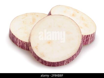sliced striped eggplant path isolated on white Stock Photo