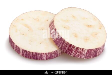 sliced striped eggplant path isolated on white Stock Photo
