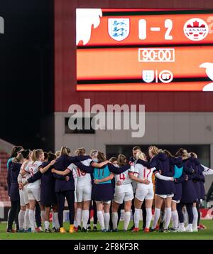 Stoke On Trent, UK. 13th Apr, 2021. England pre match team huddle during the International friendly match played behind closed doors, between England Women and Canada Women at the Britannia Stadium, Stoke-on-Trent, England on 13 April 2021. Photo by Andy Rowland. Credit: PRiME Media Images/Alamy Live News Stock Photo