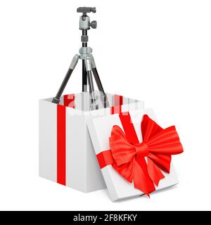 Tripod for camera or camcorder inside gift box, present concept. 3D rendering isolated on white background Stock Photo