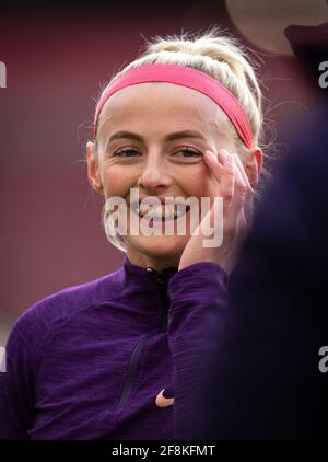 Stoke On Trent, UK. 13th Apr, 2021. Chloe Kelly (age 23) (Manchester City) of England Women pre match during the International friendly match played behind closed doors, between England Women and Canada Women at the Britannia Stadium, Stoke-on-Trent, England on 13 April 2021. Photo by Andy Rowland. Credit: PRiME Media Images/Alamy Live News Stock Photo