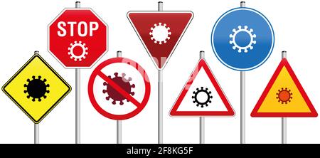 Corona traffic signs with Coronavirus symbols - illustration on white background. Stock Photo