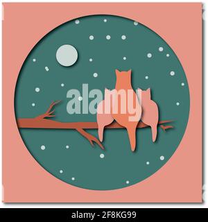 Paper cut silhouette of a cat with cool kittens on a tree. Vector illustration. Stock Vector