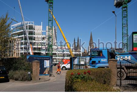 Haymarket Gap site redevelopment with the spires of St Mary's Cathedral, Edinburgh, Scotland Stock Photo