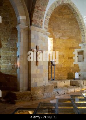 interior of Saint Mary of The Greek with the glass floor over the old temple ruins Stock Photo