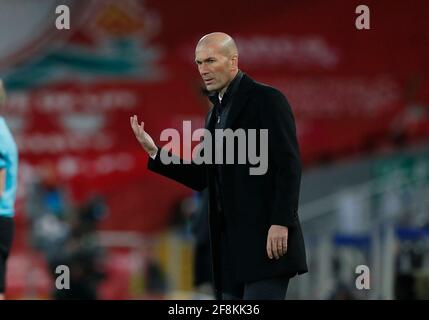 Liverpool, England, 14th April 2021. Zinedine Zidane manager of Real Madrid during the UEFA Champions League match at Anfield, Liverpool. Picture credit should read: Darren Staples / Sportimage Stock Photo
