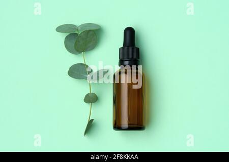 Bottle of eucalyptus oil and eucalyptus twig with leaves on green background. Top view, flat lay. Stock Photo