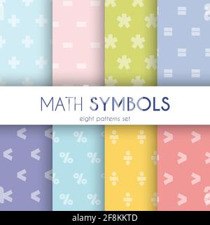 Colourful math symbols eight patterns set. Vector Illustration Stock Vector