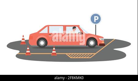 Driving school vector flat illustration. Happy smiling man driving yellow car and preparing for passing exams for driver license. Male character drive automobile at driving lessons. Stock Vector