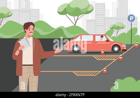 Car instructor teaching young man to drive a car during driving lessons vector flat illustration. Driving school concept. Man learning how to drive or passing exams for driver license. Stock Vector