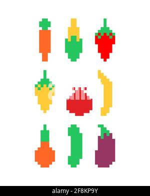Vegetables set icon pixel art. Carrots and corn 8bit. Pepper and cucumber 8 bit Stock Vector