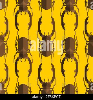Stag beetle pixel art pattern seamless. Beetle 8 bit background. Baby fabric ornament Stock Vector