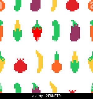 Vegetables pattern pixel art. Carrots and corn 8bit background. Pepper and cucumber 8 bit texture Stock Vector