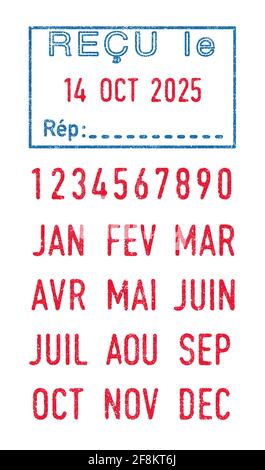 Vector illustration of The French word Recu (Received) in blue ink stamp and editable French dates (day, month and year) in red ink stamps Stock Vector