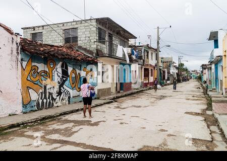 SANCTI SPIRITUS, CUBA - FEB 7, 2016: Street with colorful houses in Sancti Spiritus, Cuba Stock Photo